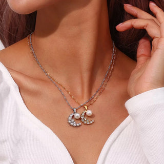 Elara Crescent Silver Pearl Moon Necklace