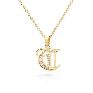 Gothic Initial Gold Crystal Necklace